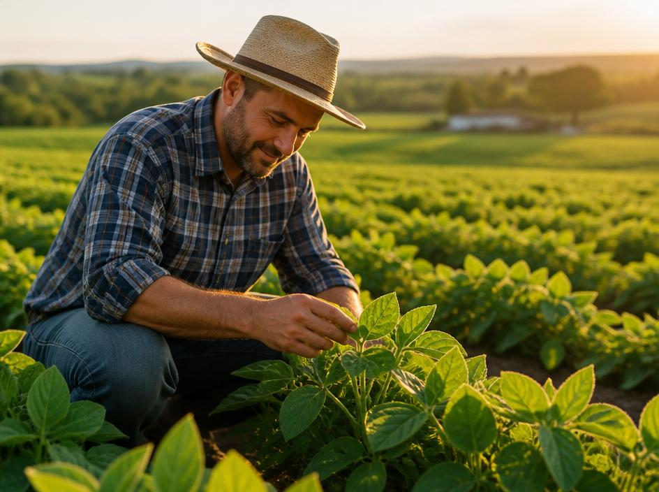 Produtor rural inspecionando lavoura saudável ao entardecer